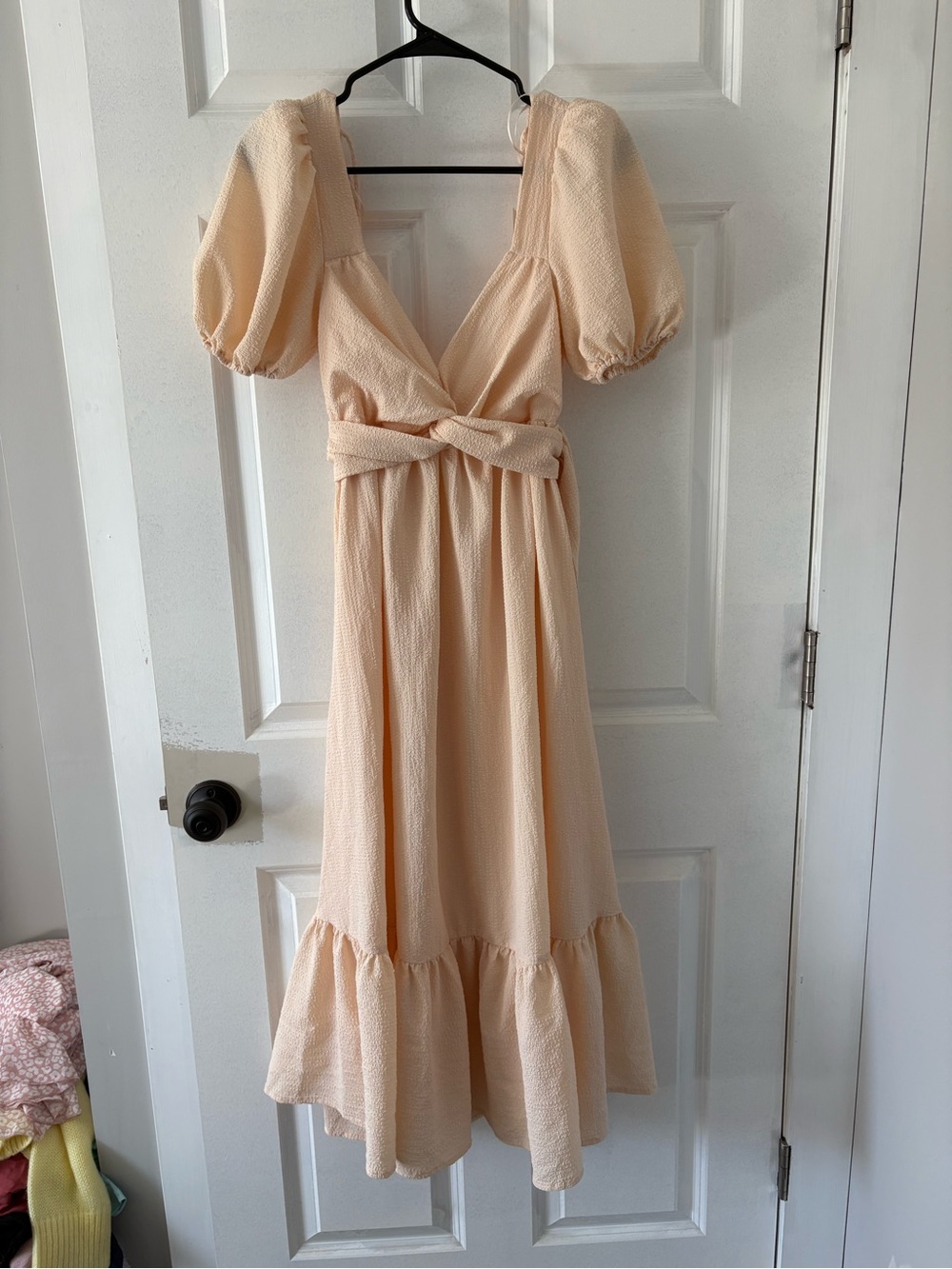 Astr Peach Puff-Sleeve Midi Dress with Twisted Waist